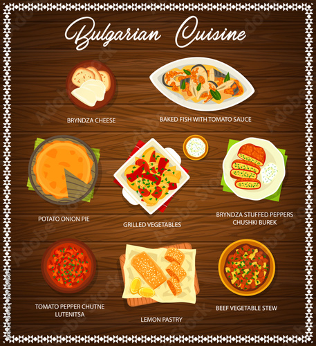 Bulgarian cuisine food menu, Bulgaria restaurant dishes, vector dinner and lunch meals. Bulgarian cuisine cafe meals beef vegetable stew, bryndza cheese, baked fish with tomato sauce and lemon pastry