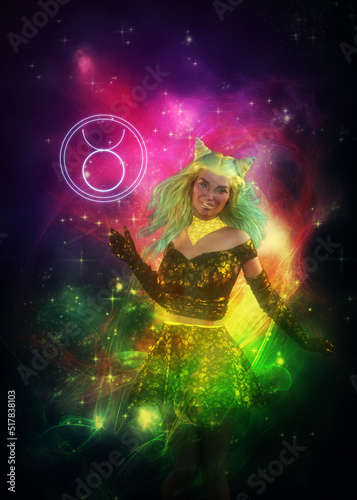 3D Taurus girl with green hair in space