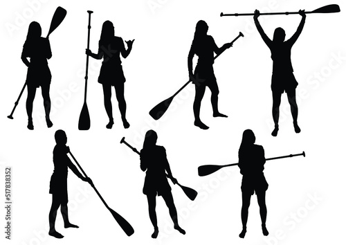 Stand up paddling silhouette. Set of silhouettes women with SUP-BOARD stand-up padding. SUP
