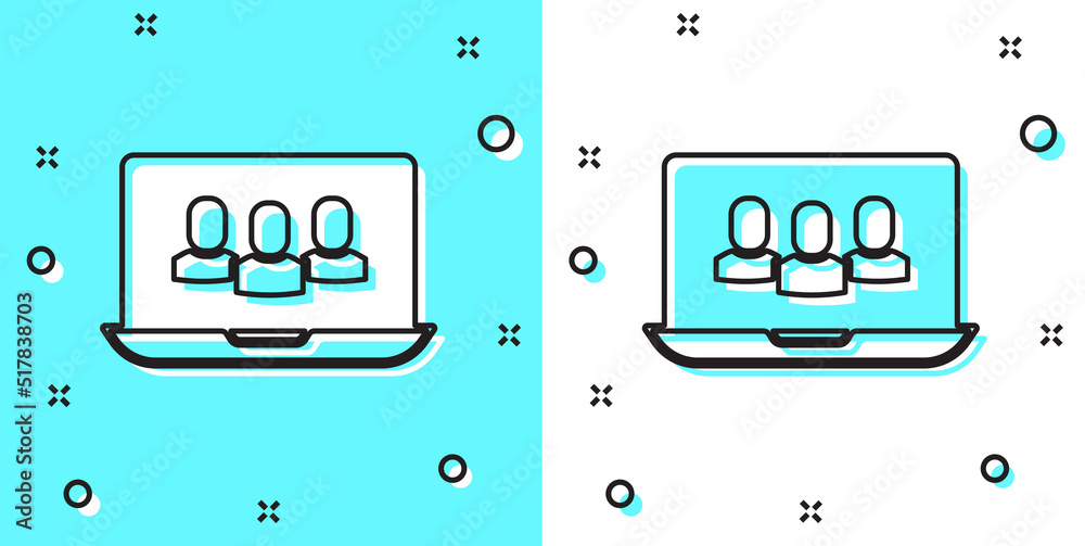 Black line Video chat conference icon isolated on green and white background. Online meeting work form home. Remote project management. Random dynamic shapes. Vector