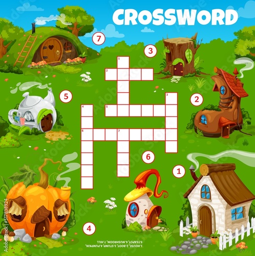 Cartoon fairytale houses, crossword grid worksheet to find word, vector quiz game. Kids education riddle grid to guess cross word of fairy and elf home or gnome dwelling in teapot, tree stump and boot