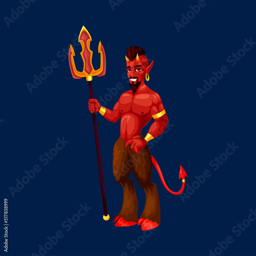 Cartoon devil spooky Halloween character, creepy imp personage. Vector satan, fiend holding trident, hell creature with red skin, horns, peaky tail and goat hoofed hairy legs. Autumn holiday creature