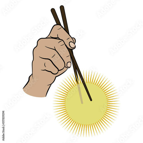 Human hand holding shining sun with chopsticks. Creative concept for consuming energy. Isolated vector illustration.