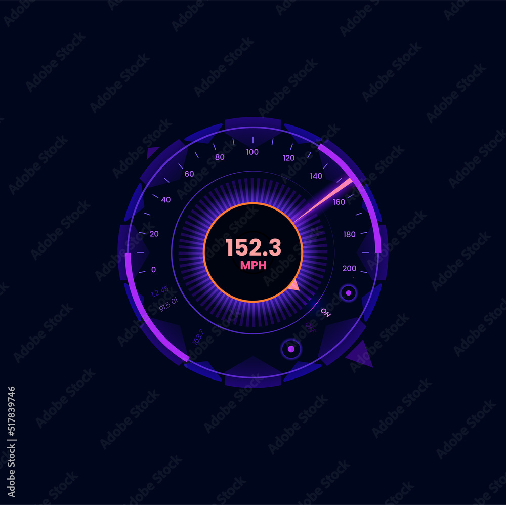 Car futuristic speedometer gauge dial. Motorcycle speedometer display or automobile odometer neon vector scale or violet color digital interface. Vehicle speed meter counter with MPH data and arrow Car futuristic speedometer gauge dial. Motorcycle speedometer display or automobile odometer neon vector scale or violet color digital interface. Vehicle speed meter counter with MPH data and arrow