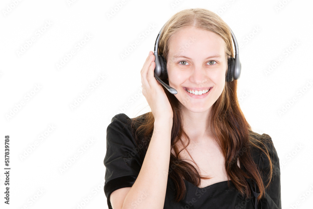 blonde woman beautiful smile cheerful support phone operator in headset isolated on white blonde woman beautiful smile cheerful support phone operator in headset isolated on white