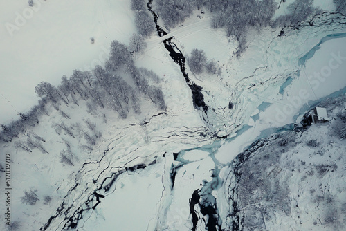 Drohnenfoto Winter Landschaft mit Fluss gefroren von oben Schweiz photo