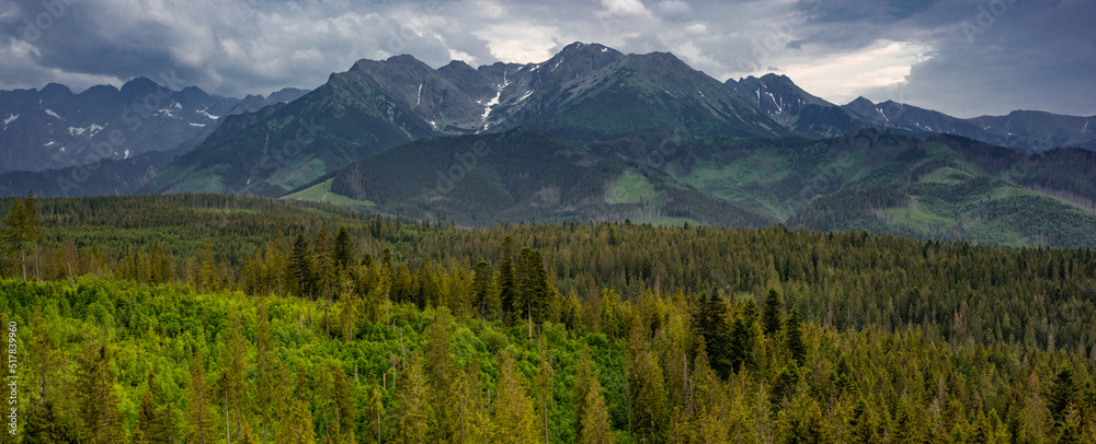 Wide panoramic view over Tatras Mountains Range in Poland and SLovakia at summer