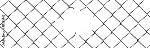 Broken wire fence, rabitz or chain link. Vector background of ripped metal mesh, steel grid or net with hole and wire cuts in center, damaged safety border, freedom concept, Realistic 3d illustration
