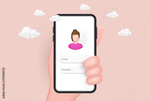 Account Protection concept. Account login and password form page on mobile phone. Username, password fields. Sign in to account, user authorization. 3D Web Vector Illustration.