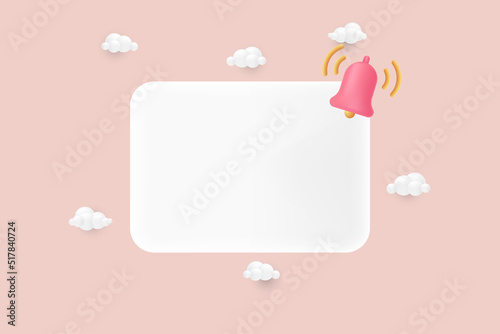 3d render Empty reminder popup, push notification 3d icon with pink bell. 3D Model renders the design for Email web symbol, smartphone app, template, and copy space. 3d Vector illustration.