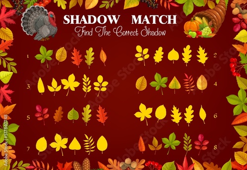 Shadow match game worksheet. Autumn leaves, leaf fall, turkey and cornucopia. Vector kids riddle, logic activity, preschool or kindergarten education. Cartoon red, yellow, orange and green leaves