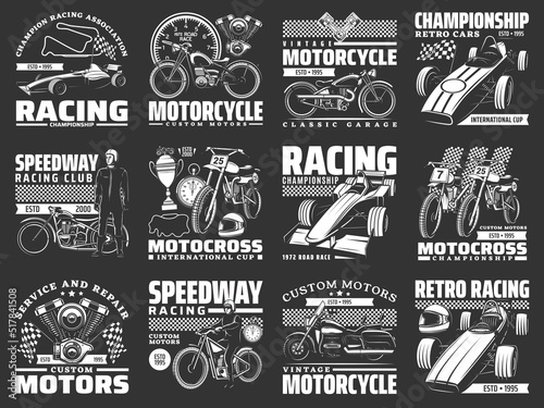 Racing car, motorcycle, bike and kart monochrome icons of vector auto race sport, motocross and rally. Racing flag, vehicle, course and open wheel car, speed competition trophy cup, racer and helmet