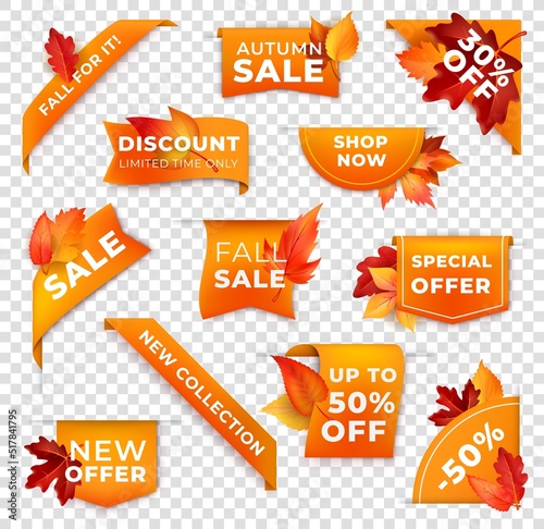 Labels, banners, ribbon corners with autumn leaves for sale season and shop discount, vector tags. Autumnal shopping and fall sale season labels with special offer limited discount for new collection