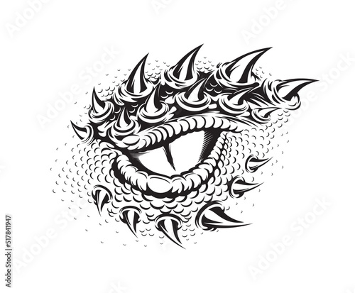 Dragon eye tattoo, dinosaur, snake or crocodile beast head, isolated vector. Dragon reptile or lizard monster and alligator eye with claws and scales on head, black white tribal art for tattoo design