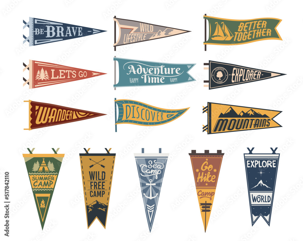 Camping pennant flags, camp pendants for adventure sport and travel hiking, vector. Varsity scout camping or university camper pennant flags, mountain tourism, campfire and sea camp anchor - obrazy, fototapety, plakaty 