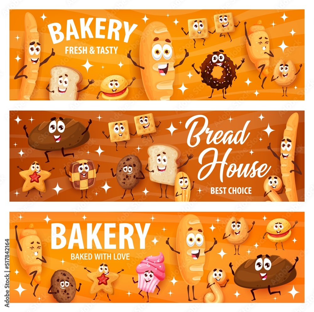 Cartoon bread, bakery and confectionery characters. Vector banners with
