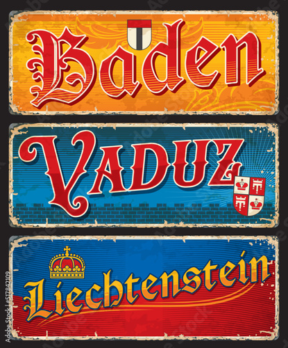 Baden, Vaduz, Liechtenstein, Swiss city plates and travel stickers, vector luggage tags. Switzerland travel trip tin signs and tourism baggage labels with Swiss cities emblems and flags