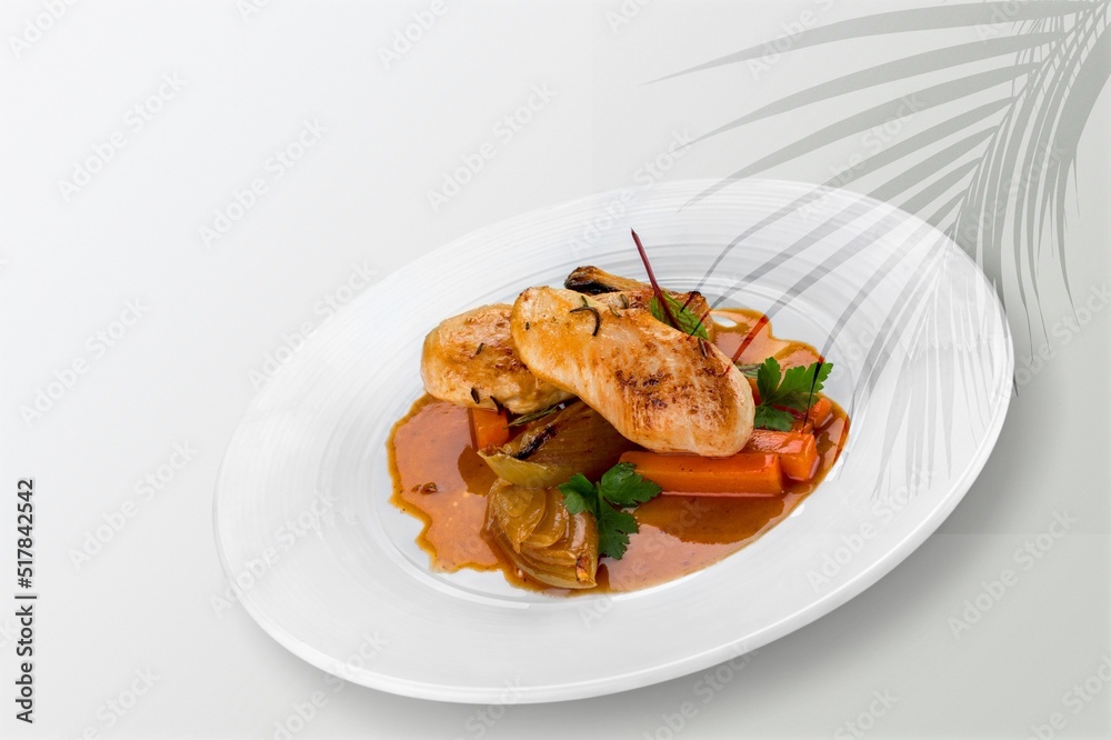 Grilled meat with vegetables in modern ceramic plate. Healthy food in minimal style. Grilled meat with vegetables in modern ceramic plate. Healthy food in minimal style.