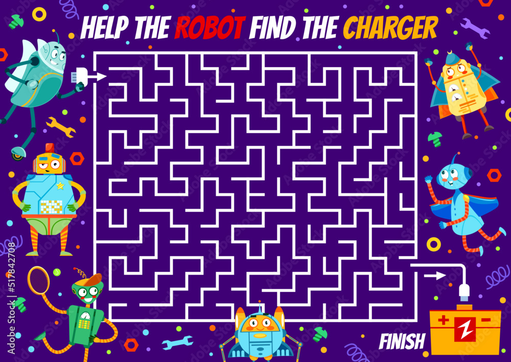 Labyrinth maze worksheet, help robot to find charger, vector puzzle ...