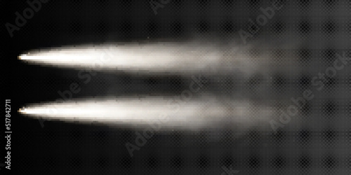 White car headlight beam top view isolated on dark transparent background, smoky or foggy effect. Auto or bus spot lamp flash at night with vapor clouds realistic vector 3d set illustration