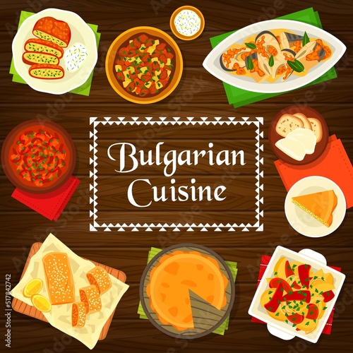 Bulgarian cuisine food menu cover with dishes, vector restaurant and cafe meals. Balkan and Southeast European cuisine, Bulgarian traditional lunch and dinner meat stew, bryndza cheese and potato pie