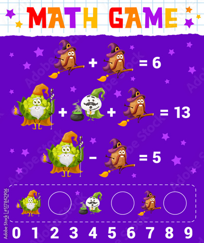 Cartoon vegetables wizard and warlock characters math game worksheet, vector education riddle. Kids math puzzle with potato, mushroom and Romanesco cabbage as wizards for mathematics count game
