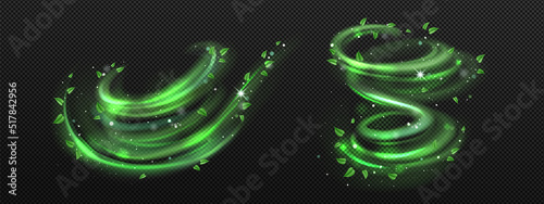 Abstract wind swirls with green leaves and sparkles isolated on transparent background. Vector realistic illustration of air vortex and wave with flying mint leaves