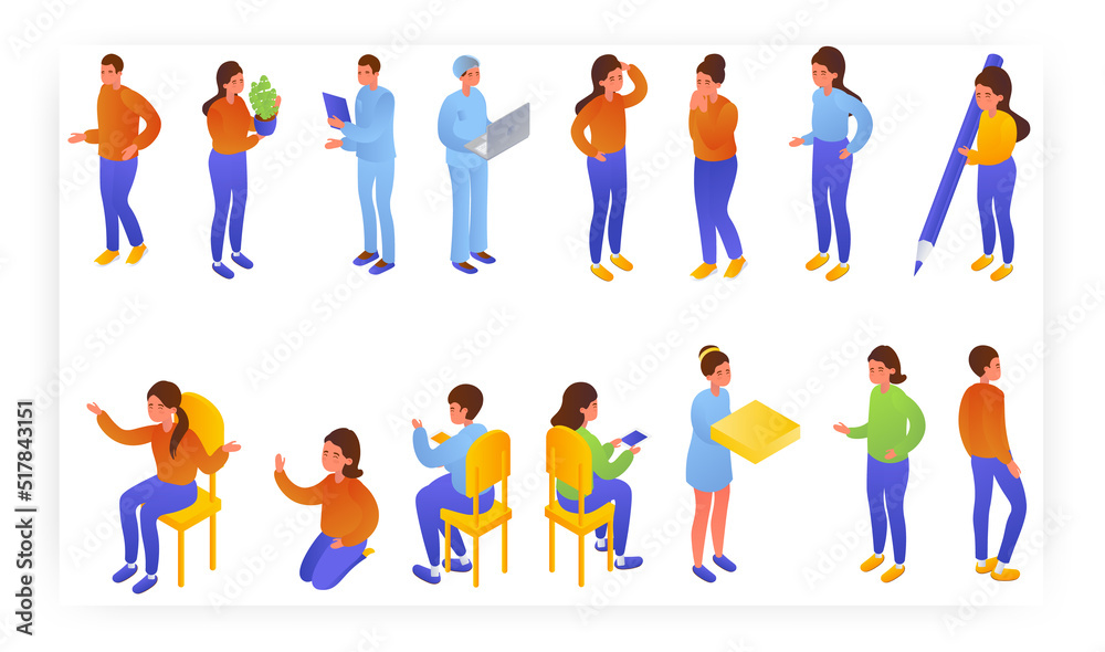 Adults and kids standing, sitting in different poses, isometric icon set, flat vector isolated illustration.