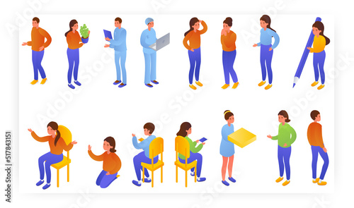 Adults and kids standing  sitting in different poses  isometric icon set  flat vector isolated illustration.