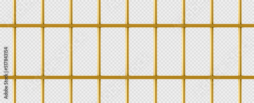 Gold cage, jail with golden metal bars. Realistic prison fence, grates, metallic rods. Criminal grid pattern, jailhouse or birdcage isolated on transparent background. 3d vector Illustration