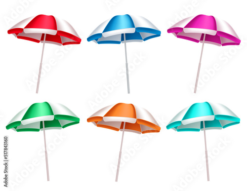 Summer beach umbrella vector set. Beach umbrella 3d collection isolated in white background for hot outdoor sun protection. Vector illustration.

