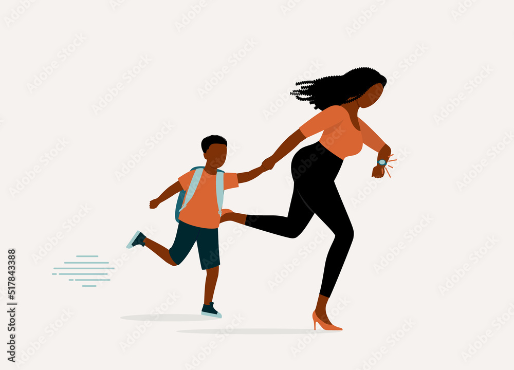 One Black Mother Running Late For Bringing Her Son To School While Checking The Time On Her Watch. Full Length. Flat Design Style, Character, Cartoon.
