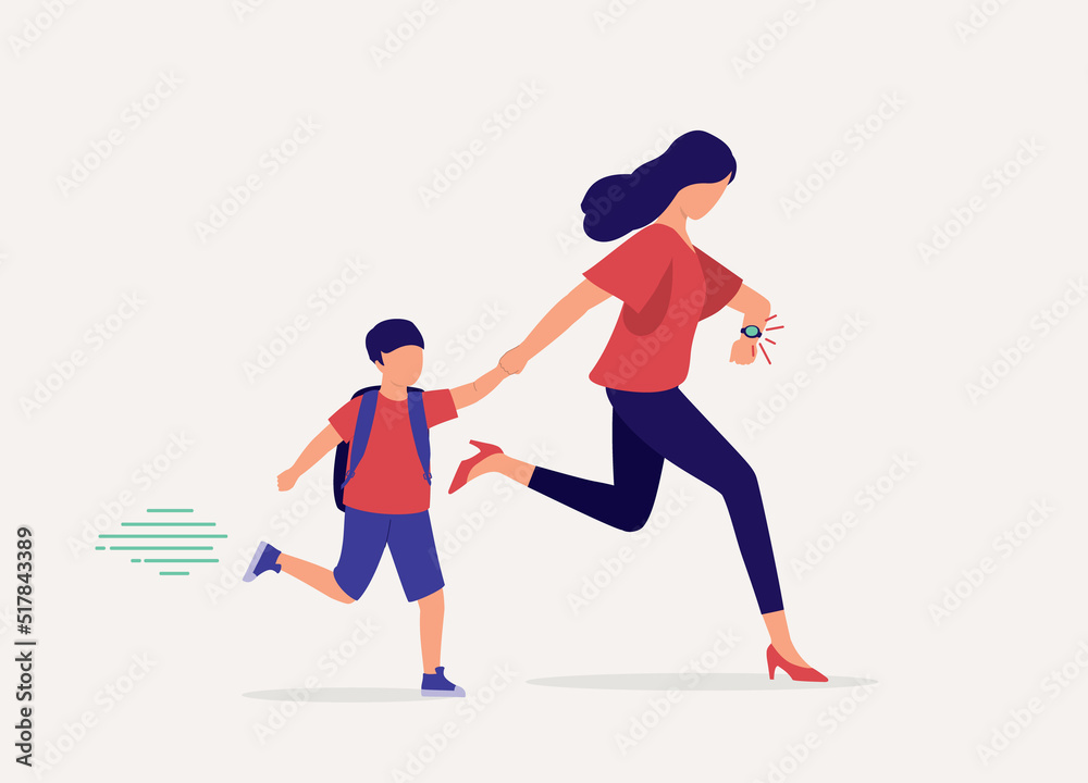 One Mother Running Late For Bringing Her Son To School While Checking The Time On Her Watch. Full Length. Flat Design Style, Character, Cartoon.