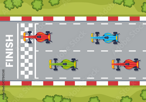 Formula Racing Sport Car Reach on Race Circuit the Finish Line Cartoon Illustration to Win the Championship in Flat Style Design