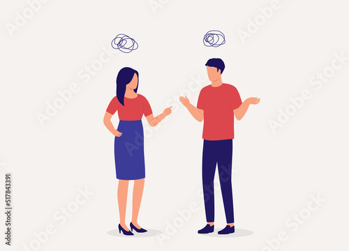 Angry Wife Blaming Her Husband With Finger Pointing At Him While Husband Acted In Ignorance With Shrugging Shoulders. Full Length. Flat Design Style, Character, Cartoon.