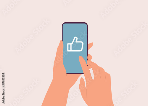A Person’s Hand With Mobile Phone Click Like Thumbs Up Icon. Close-Up. Flat Design Style, Character, Cartoon.