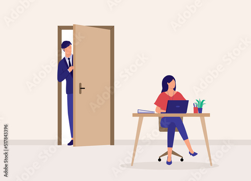 Toxic Boss Standing Behind The Door Spying His Female Staff Working At The Office. Full Length. Flat Design Style, Character, Cartoon.