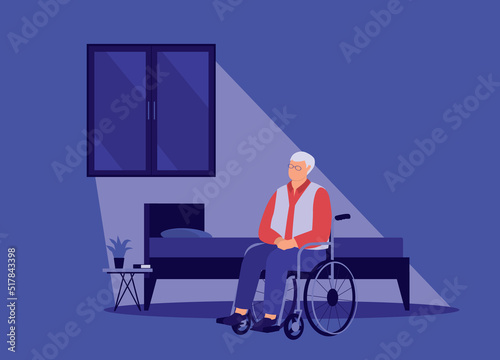 One Lonely Senior Man With Wheelchair Staring Out The Window In His Bedroom At Night. Full Length. Flat Design Style, Character, Cartoon.
