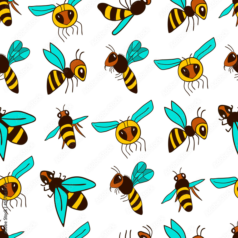 Seamless pattern with hand draw vector cartoon bee
