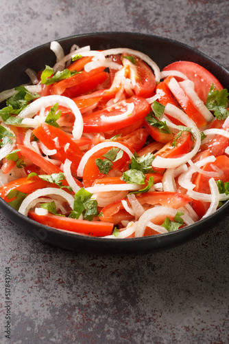 Summer tomato salad with onion and cilantro seasoned with olive oil close-up in a plate on the table. Vertical