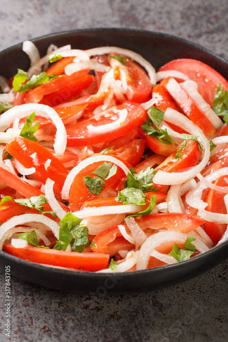 Ensalada chilena is a Chilean salad consisting of tomatoes, onions, olive oil, and coriander closeup in the plate on the table. Vertical