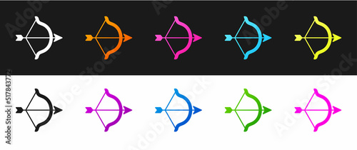 Set Bow and arrow icon isolated on black and white background. Cupid symbol. Love sign. Happy Valentines day. Vector