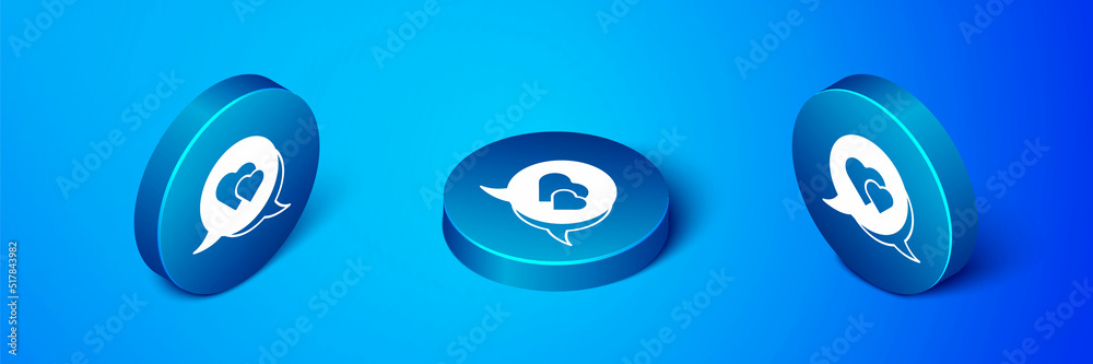 Isometric Heart in speech bubble icon isolated on blue background. Happy Valentines day. Blue circle button. Vector Isometric Heart in speech bubble icon isolated on blue background. Happy Valentines day. Blue circle button. Vector