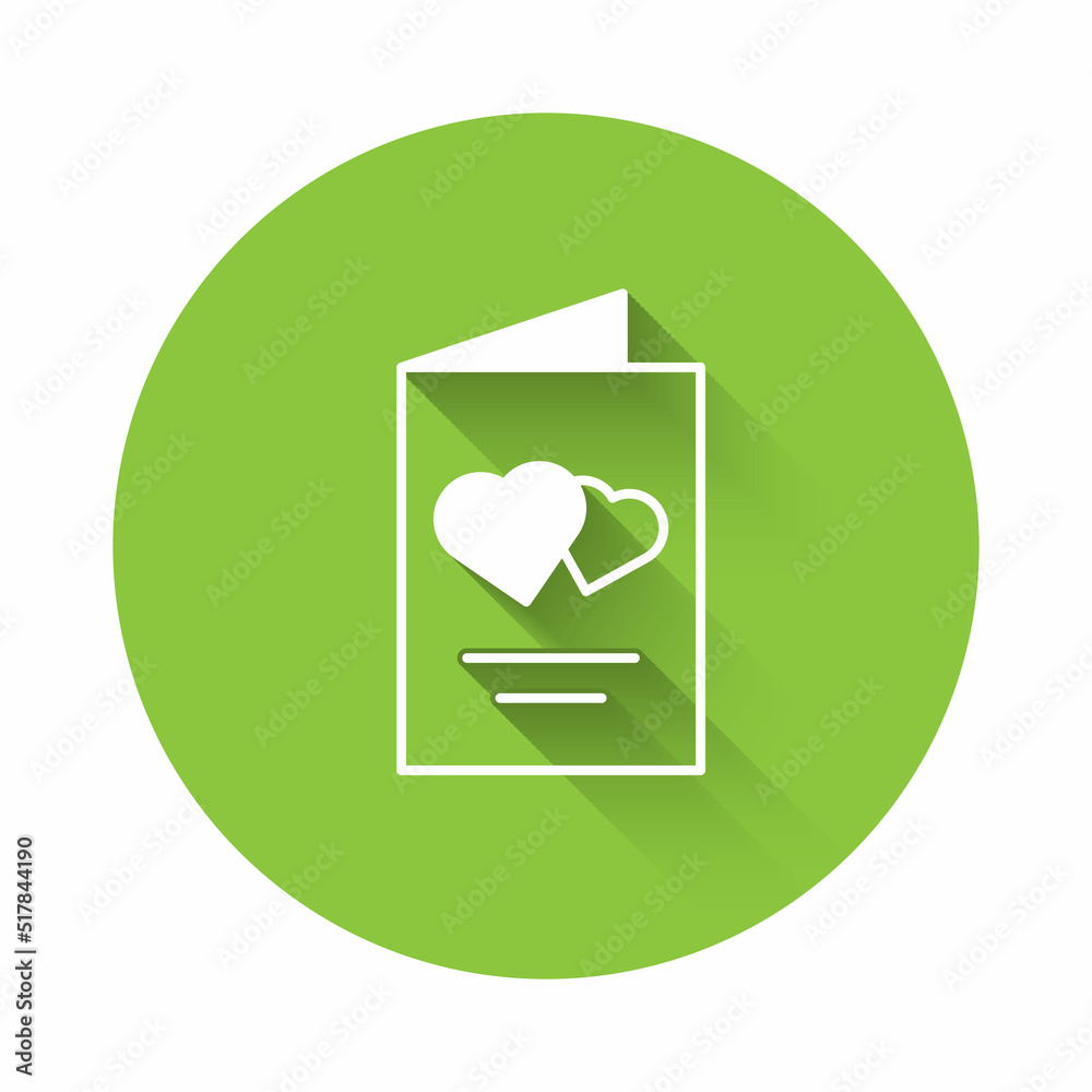 White Valentines day flyer with heart icon isolated with long shadow background. Celebration poster template for invitation or greeting card. Green circle button. Vector White Valentines day flyer with heart icon isolated with long shadow background. Celebration poster template for invitation or greeting card. Green circle button. Vector