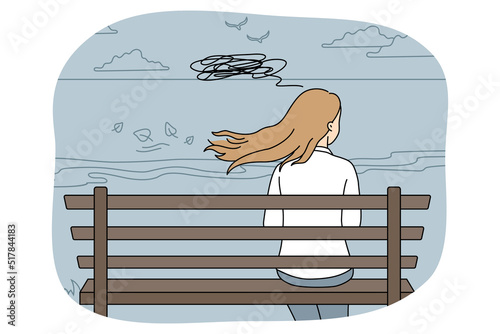 Woman sitting on bench thinking. Back view of female relax outdoors suffer from anxiety or depression overwhelmed with thoughts. Vector illustration. 