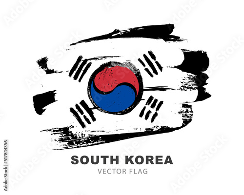 Flag of South Korea. Colored brush strokes drawn by hand. Vector illustration isolated on white background.