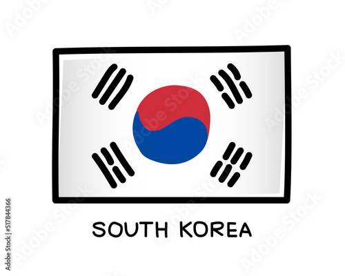Flag of South Korea. Colorful logo of South Korean flag. White brush strokes, hand drawn. Black outline. Vector illustration