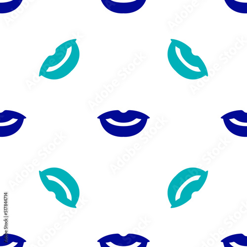 Blue Smiling lips icon isolated seamless pattern on white background. Smile symbol. Vector