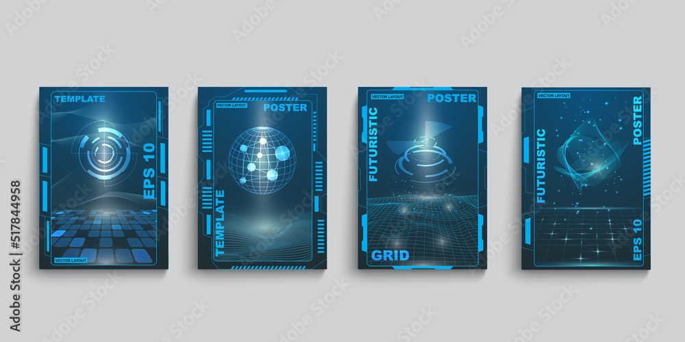 Techno cyberpunk posters. Liquid art with black futuristic wiggly shapes. Circle monochrome flyer design. HUD blue frames. Space planets and digital grid. Abstract vector templates set