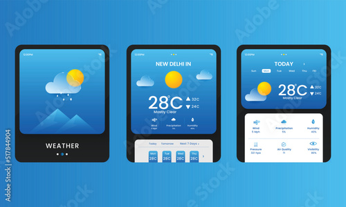 Weather Mobile App UI Kit Or Social Media Post Set On Blue Background.